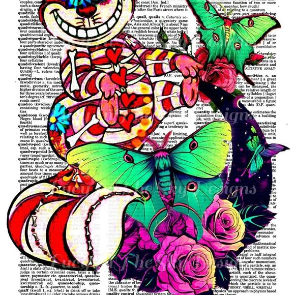 Cheshire Cat Wild Alice Wonderland Luna Moth Book Page Art - Picture 2 of 5
